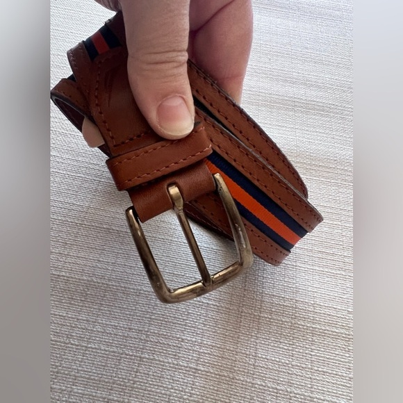 Nautica Mens Brown Leather Belt Brass Buckle Striped Design Size 38 - Picture 1 of 4